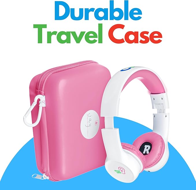 Clevy Kids Headphones Over-Ear 3.5mm Jack Wired Headphones for School - 5ft Tangle-Free Cord with HD Mic, 85dB Volume Limited for iPad/Computer, Foldable Girls/Boys Durable Carrying Case (Pink)