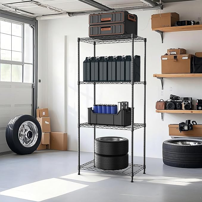 1000 lbs 4Tier Shelf Metal Storage Shelves Wire Rack Closet Organizers with Wheel for Garage Kitchen Bathroom Laundry Black 13.7" D x 23.6" W x 53.4" H