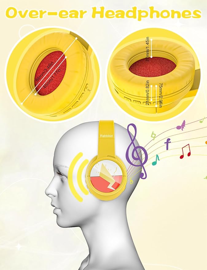 Kids Bluetooth Headphones, Wireless Headphones with Microphone, 74/85/94dB Volume Limited, 80H Playtime, Foldable Over Ear Headphones for School, Home, or Travel, Yellow