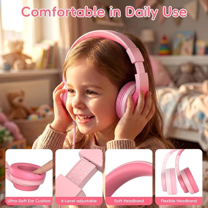 Wired Kids Headphones, USB Type C Headphones for Kids, 85dB Safe Volume, HD Stereo Sound, Comfortable Fit, Adjustable & Foldable,Ideal for School/Travel (Gradient Pink, Without Microphone