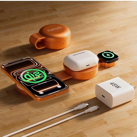 3 in 1 Charging Station for Apple Multiple Devices, Qi2.2 25W Foldable Magnetic Fast Wireless Charger Dock, Travel Charging Pad for iPhone 17/16-12 Series, Apple Watch, AirPods (45W Adapter Included)