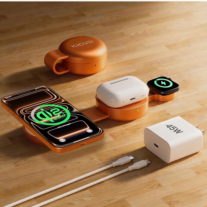 3 in 1 Charging Station for Apple Multiple Devices, Qi2.2 25W Foldable Magnetic Fast Wireless Charger Dock, Travel Charging Pad for iPhone 17/16-12 Series, Apple Watch, AirPods (45W Adapter Included)