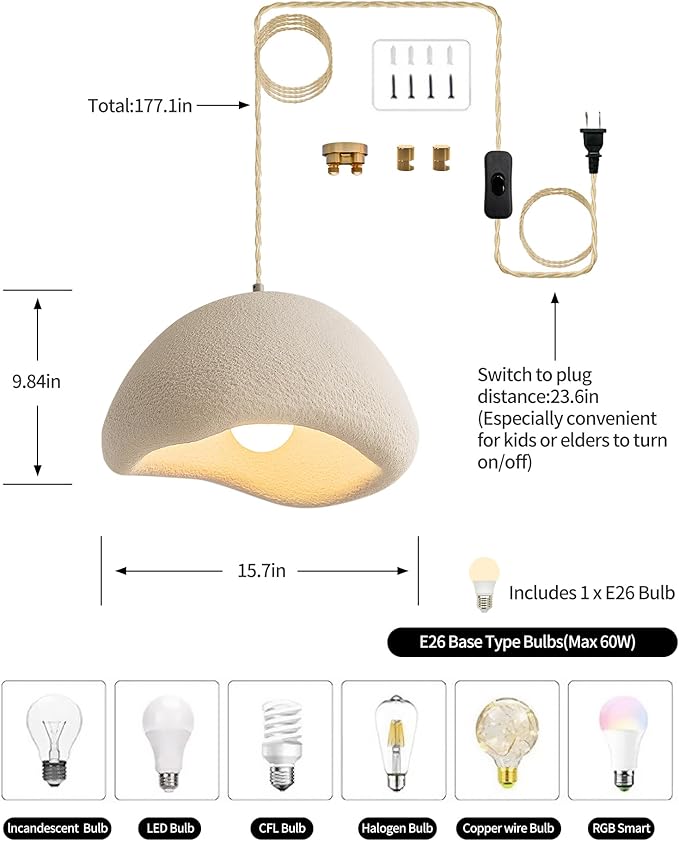 MODIVO 15.7in Wabi Sabi Plug-in Pendant Light for Kitchen lsland,White Concrete Hanging Ceiling Light Fixtures Japanese Lamp Dining Room,Bathroom,Living Room,Restaurant Decor Bulb Included