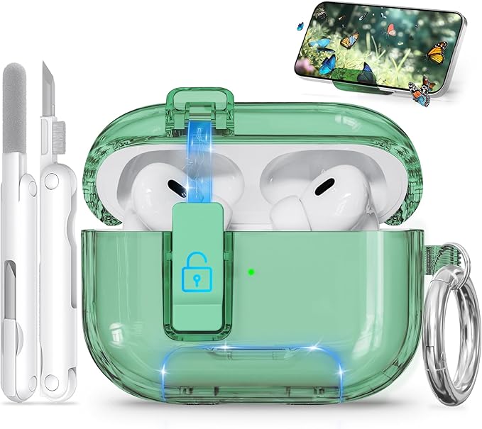 for AirPods Pro 2 Case with Phone Stand & Secure Lock, Auto-Open Clear Cover Compatible with Apple AirPods Pro 2nd/1st Gen (2023,2022,2019) with Cleaning Kit & Keychain (Clear Green)