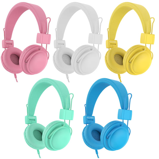 AILIHEN Kids Headphones Wired Bulk 5-Pack for K-12th Grade, School & Classroom, with Microphone, 85dB Volume Limit, Shareable, Foldable, 3.5mm Jack for Chromebook, Computer - Light Color