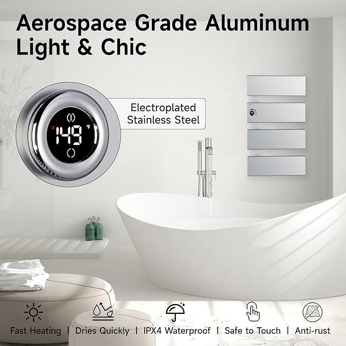 P&Bhusri Electric Heated Towel Rack, Silver Towel Warmer with Adjustable Temperature (98–149°F) and Timer (1-24h, On), Fast Heating and Drying for Bathroom, Memory & Remote Control Compatible