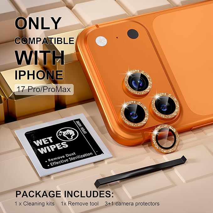 Misea Compatible for iPhone 17 Pro/iPhone 17 Pro Max Camera Lens Protector Bling, 9H Tempered Glass Camera Cover Screen Protector Metal Individual Ring Decoration Accessories, Orange Glitter