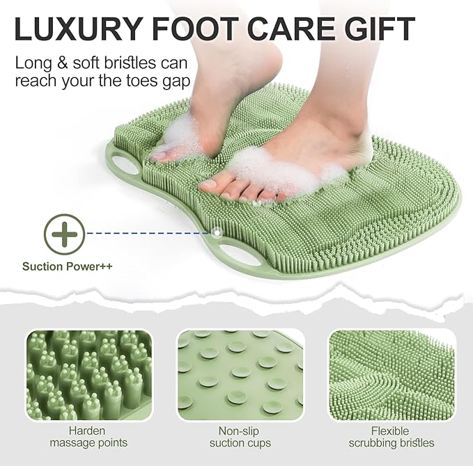 XL Shower Foot Scrubber Mat, Silicone Feet Massage Cleaner Dead Skin Toes Clean Pad without Bending Non-slip Suction Cups -Improve Circulation for Feet Beauty Exfoliate Smooth Achy 17.2*13" Sage Green