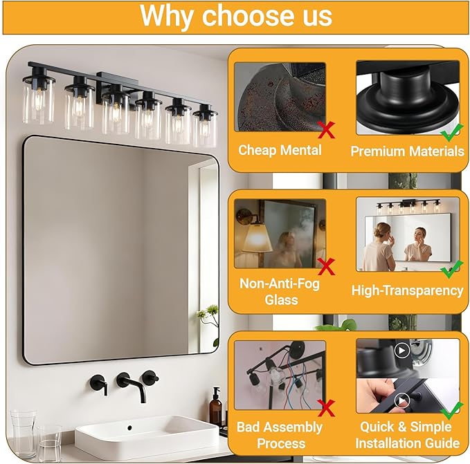 LOUSACE 6 Light Bathroom Vanity Light, 38" Matte Black Vanity Lighting Fixture Over Mirror with Clear Glass Shade, E26 Base