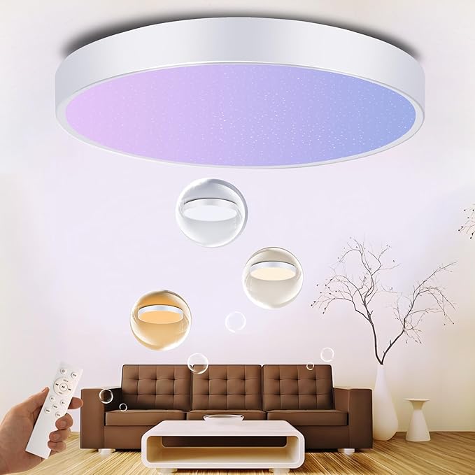 BT-Version LED Ceiling Light with Speaker 40W 13Inch Music Ceiling Lamp with Remote Control Adjustable Brightness & Color Temperature RGB Ambient Lighting for Kids Room Bedroom and More