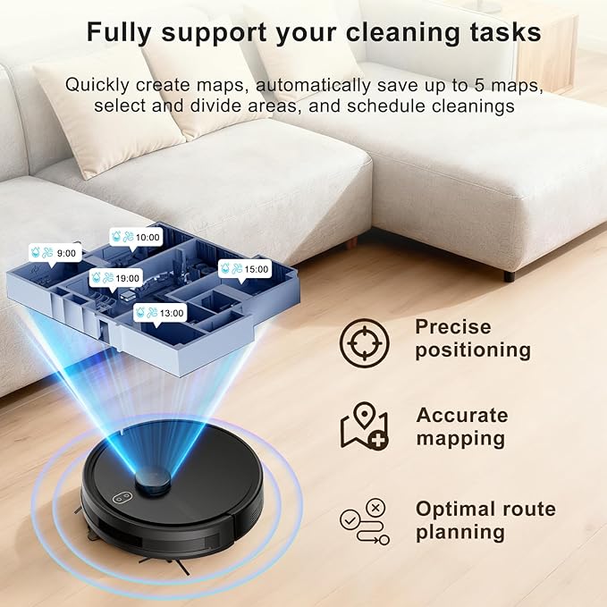 2025 Robot Vacuum Cleaner Intelligent Laser Navigation Rapid Mapping 120-Minute Battery Life Personalised Cleaning Settings Powerful Suction Pet Hair Removal Suitable for All Floor Types-Black