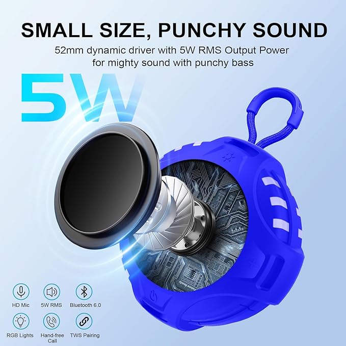 Wireless Bluetooth Speaker, Blue Tooth Portable Speaker with IPX6 Waterproof, 2500mAh Battery, TWS Pairing, RGB Light, Built in Mic, Support TF Card, USB, Unisex Gifts for Bathroom Party Home - Blue