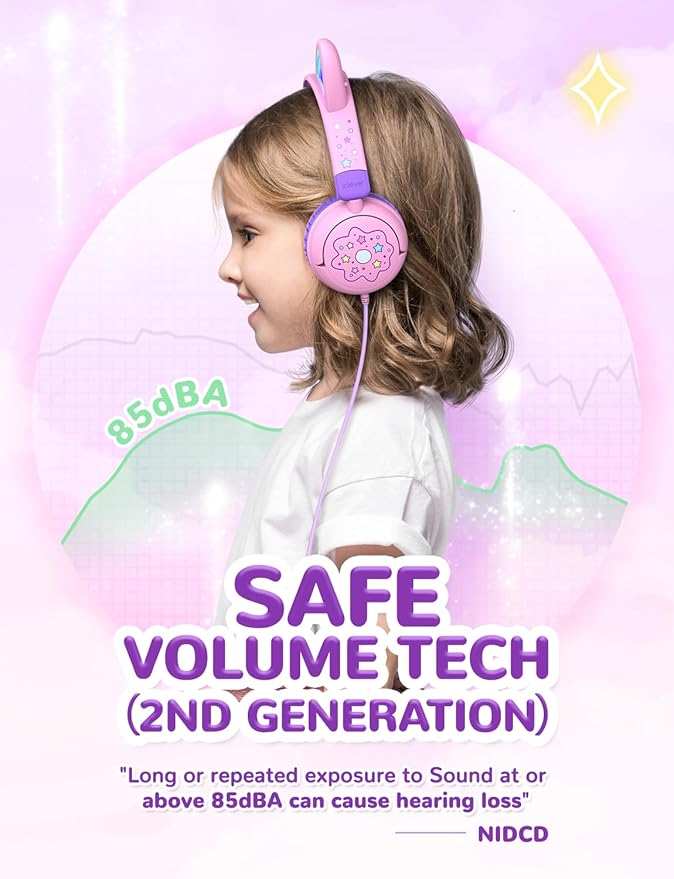 iClever Kids Headphones Cat Ear, LED Light Up, 85dBA Safe Volume, Stereo Sound Toddler Headphones for Travel School, Foldable 3.5mm Wired Kids Headphone for iPad Tablets, Meow Lollipop -Pink