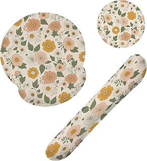 Retro Boho Groovy Flower Mouse Pad with Wrist Rest and Keyboard Wrist Rest Set, Non-Slip Rubber Base Memory Foam Mouse Pad Set for Women, Office Desk Accessories, Gaming - Image 1