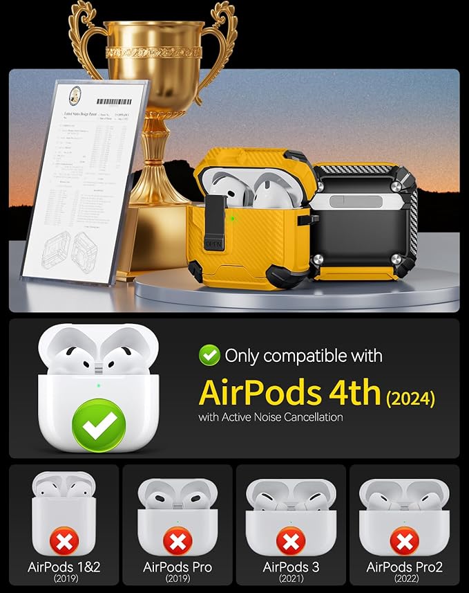 Compatible with AirPods 4 Case,Magnetic Automatic Lock with Phone Stand & Cleaning Kit,Compatible with Magsafe,Carbon Fiber Texture Cover -Yellow
