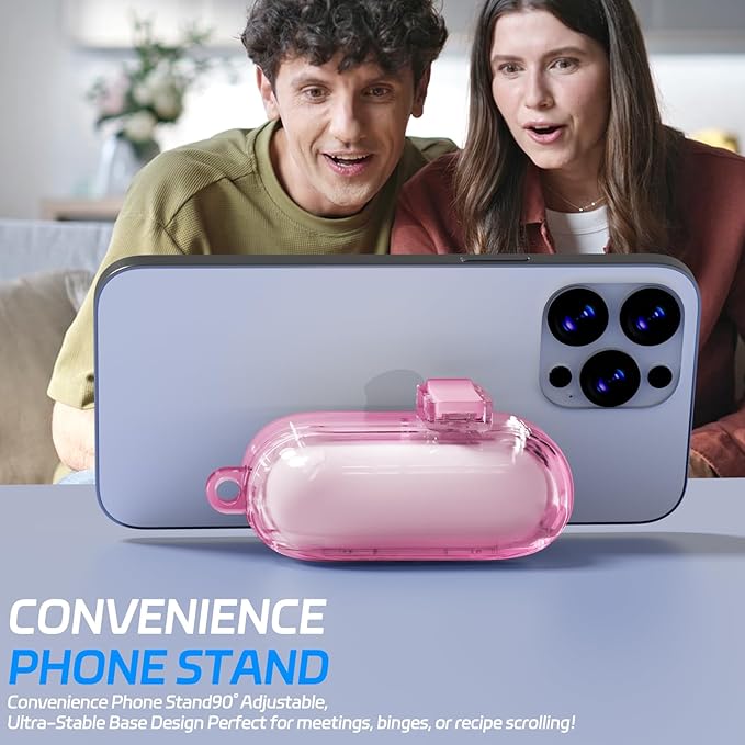 for AirPods Pro 2 Case with Phone Stand & Secure Lock, Auto-Open Clear Cover Compatible with Apple AirPods Pro 2nd/1st Gen (2023,2022,2019) with Cleaning Kit & Keychain (Clear Pink)