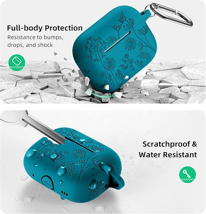 Lerobo Flower Engraved for Airpods Pro/Airpod Pro 2 Case, Cute Soft Silicone Skin Full Protective Cover Compatible with Apple Airpods Pro 2nd Generation Case/1st Generation with Keychain