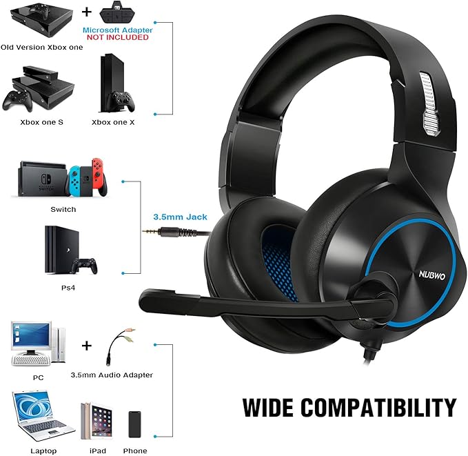Gaming Headset with Mic for Xbox One PS4 PS5 PC Switch Tablet Smartphone, Headphones Stereo Over Ear Bass 3.5mm Microphone Noise Canceling 7 LED Light Soft Memory Earmuffs(Free Adapter)
