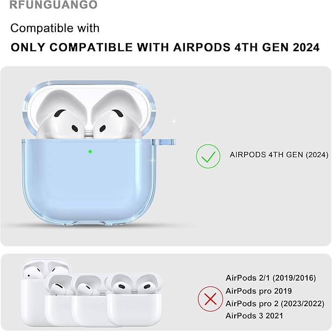 RFUNGUANGO for AirPods 4 Case Clear, Soft TPU Transparent with Cleaning Kit & Keychain, Compatible with Magsafe, Compatible Apple AirPods 4 (2025) Generation Protective Case, Blue