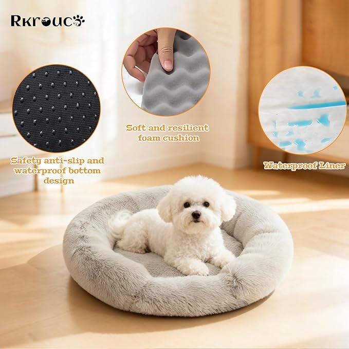 Fluffy Dog Bed Calming Donut Beds for Large Dogs Warming Round Small Medium Pet Nest Cozy Cat Mattress Indoor Washable Puppy Kennel Kittens Sleep Mat (L, 35.4×35.4 inch, Gradient Coffee)