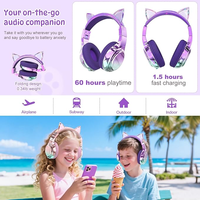 QearFun Kids Cat Ear Bluetooth Headphones, 60H Playtime, 74/85/94dB Safe Volume Limit, Metallic Gradient Wireless Headset with Mic, Fast Charging, Foldable, Wired Mode for Girls School/Tablet/Travel