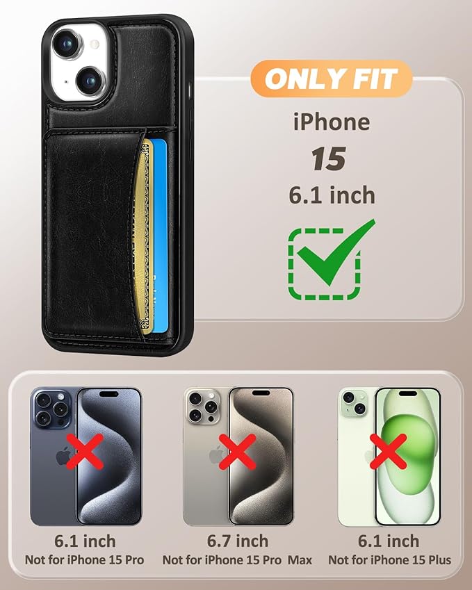 for iPhone 15 Case with Wallet - Fits 4 Card Slots, Compatible with MagSafe for Women Men Durable PU Leather Credit Card Holder Kickstand Phone Cover for Apple 15, Black