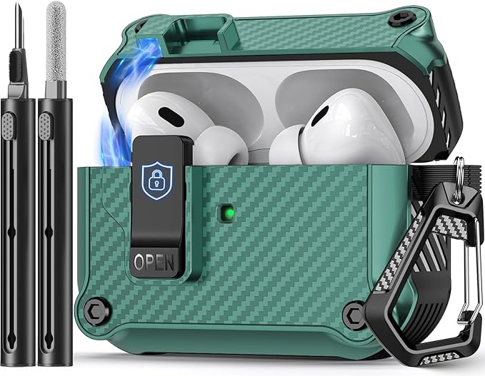 Compatible with AirPods Pro 2nd/1st Case,Magnetic Automatic Lock with Cleaning Kit,Compatible with Magsafe,Carbon Fiber Texture Cover -Green