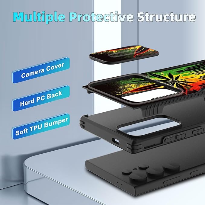 for Galaxy S24 Ultra Case Built in Slide Camera Lens Cover,Heavy Duty Shockproof Protection Dual Layer Case for Samsung Galaxy S24 Ultra 6.8" 2024,Marijuana Leaf Weed