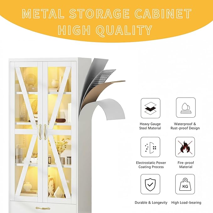 DWVO Display Cabinet with LED Lights, 61" Metal Display Case with Glass Barn Doors for Collectibles, Organizer Cabinet with 3 Adjustable Shelves and Drawer for Living Bedroom, Office, White