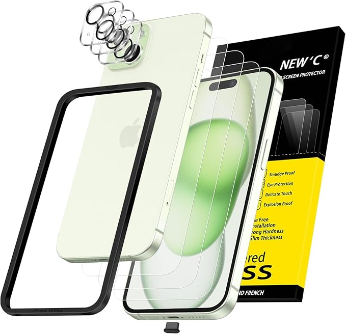 NEW'C 3X for iPhone 15 Plus Screen Protector (6.7 inches)+ 3X Camera Lens Protector, Sensor Protection, Case Friendly Tempered Glass Film + Dust Plug- Easy Installation Tool Include