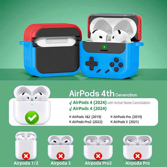 Inesore for Airpods 4 Case with Lock,Compatible with Airpods 4 with Active Noise Cancellation Cases,Classic Cool Funny Game Console Air pods4 Case Cover for Men Boy with Cleaner Kit(Red Blue) | with Locking, 2024, with Cleaner Kit, for Men Boy