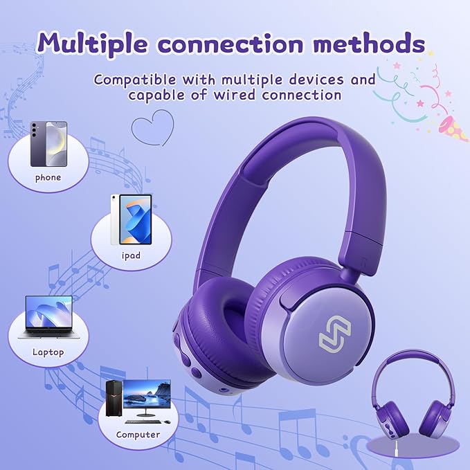 S62 Kids Bluetooth Headphones, Wireless Headphones for Kids Over Ear with Microphone, 85/94dB Volume Limiter Headset for Girls Boys, Foldable Headset for Learning & Entertainment-Purple
