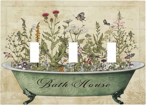 Bathroom Bath Tub Wild Flower Floral 3 Gang Electrical Outlet Light Switch Cover Decorative Triple Toggle Wall Plate Electric Faceplate Switch Face Plate