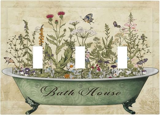 Bathroom Bath Tub Wild Flower Floral 3 Gang Electrical Outlet Light Switch Cover Decorative Triple Toggle Wall Plate Electric Faceplate Switch Face Plate