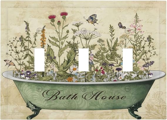 Bathroom Bath Tub Wild Flower Floral 3 Gang Electrical Outlet Light Switch Cover Decorative Triple Toggle Wall Plate Electric Faceplate Switch Face Plate