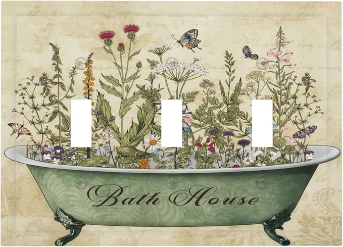 Bathroom Bath Tub Wild Flower Floral 3 Gang Electrical Outlet Light Switch Cover Decorative Triple Toggle Wall Plate Electric Faceplate Switch Face Plate