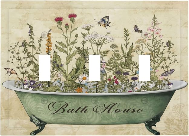Bathroom Bath Tub Wild Flower Floral 3 Gang Electrical Outlet Light Switch Cover Decorative Triple Toggle Wall Plate Electric Faceplate Switch Face Plate