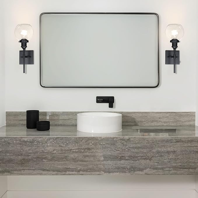 XiNBEi Lighting Black Wall Sconce, 1 Light Vanity Light Fixture with Globe Glass Modern Sconces Wall Lighting for Bathroom Mirror Bedroom Hallway XB-W1275-1-MB