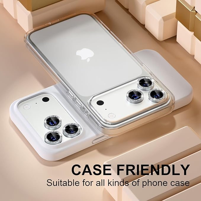Misea Compatible for iPhone 17 Pro/iPhone 17 Pro Max Camera Lens Protector Bling, 9H Tempered Glass Camera Cover Screen Protector Metal Individual Ring Decoration Accessories, Silver Glitter