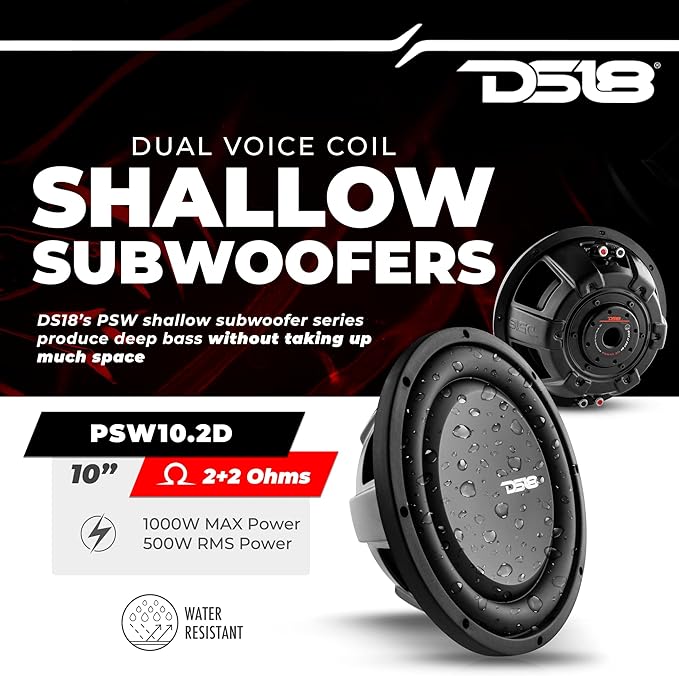 DS18 PSW10.2D 10" Shallow Mount Subwoofer 1000 Watts Max Power 500 Watts RMS Dual Voice Coil 2+2 OHMS Water Resistant - Best Sub for Tight Spaces in Car & Trucks - 1 Speaker