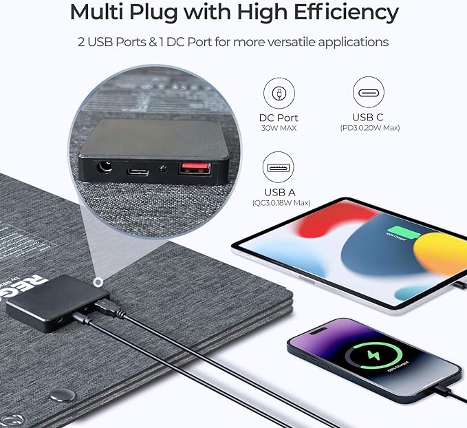 Renogy Solar Panels, 30W Portable Foldable Solar Panel Charger, Fast Charging for iPhone, iPad, Tablets, Laptop, Power Bank, with USB C/USB A/DC Ports, IP67 for Camping, Hiking, Backpacking, Outdoor