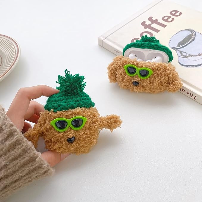 Yatchen Plush Case for AirPods 3,Kawaii Cute 3D Cartoon Fur Teddy Dog with Green Hat Sunglasses Funny Furry Airpods 3rd Generation Cover with Keychain Protector Women Girls for AirPods 3