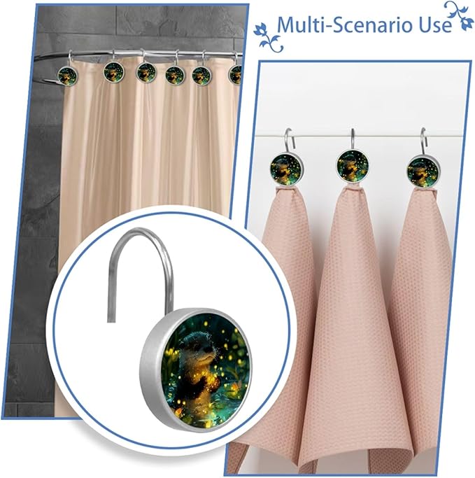 Cute Otter Shower Curtain Hooks Rings, Stainless Steel Rust Proof Shower Curtain Hooks, Decorative Shower Hooks for Bathroom Shower Rods Curtains, Set of 12
