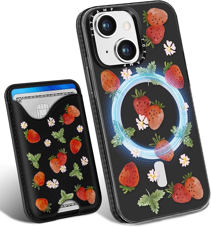 Toycamp for iPhone 15 Case - Compatible with Magsafe with Credit Card Holder Wallet Magnetic Girls Cute Girly Teens Kawaii Unique Strawberry Black Design Pretty Phone Cover for Apple 15 6.1"