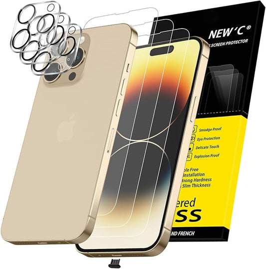 NEW'C 3x for iPhone 14 Pro Screen Protector (6.1 inches)+ 3x Camera Lens Protector, Sensor Protection + Dust Plug - Case Friendly Tempered Glass Film, Ultra Resistant