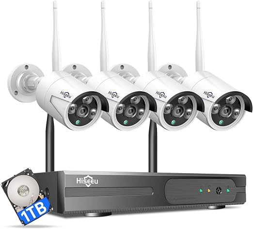Hiseeu [100ft] Wireless WiFi Security Camera System, Wired Plug-in Powered, Expandable 10CH 4K NVR, 4Pcs 3MP Night Vision Cameras Home Surveillance Outdoor, Motion Detection, 1TB HDD, One-Way Audio