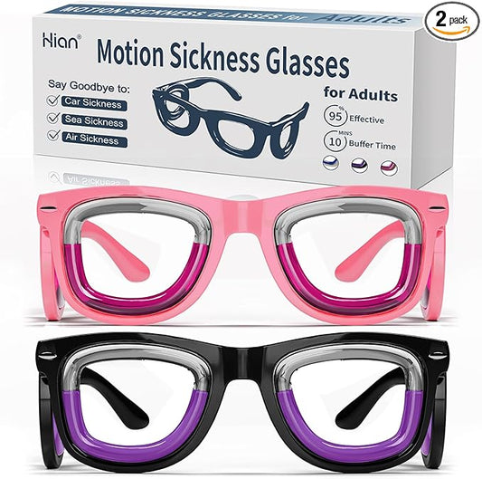 Hion 2 Pairs Adult Anti- Motion Sickness Smart Glasses, Ultra-Light Portable Nausea Relief Liquid Glasses, Carsickness Airsickness Seasickness Glasses, Kids Travel/Cruise Essentials（Pink+Black