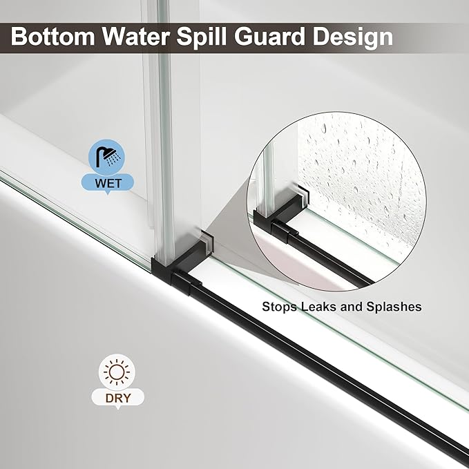 Frameless Bathtub Shower Door, Tub Sliding Door with Nano Coating & Safety Film, 1/4" (6mm) SGCC Tempered Glass，Adjustable 55"-60" W x 60" H, Matte Black