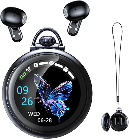 Smart Wireless Earbuds, Retro Pocket Watch Bluetooth Headphones with LCD Touch Screen Case, Support 164 Languages, 60h Playtime, Noise Cancellation, Translator Earbuds for Travel Meetings Business