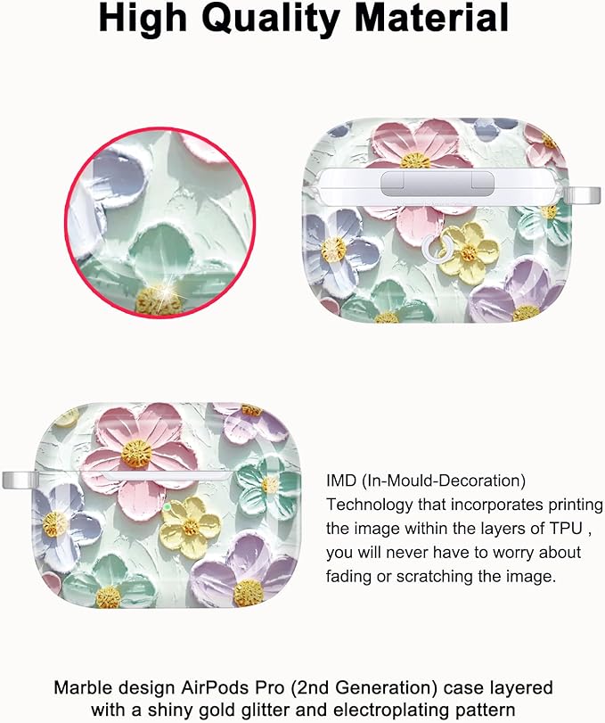 JIAXIUFEN Design for AirPods Pro 2 Gen 1 Gen Case Cover Retro Oil Painting Printed Flower Protective TPU Skin Accessories for Women Girl with Keychain, Mint Colorful